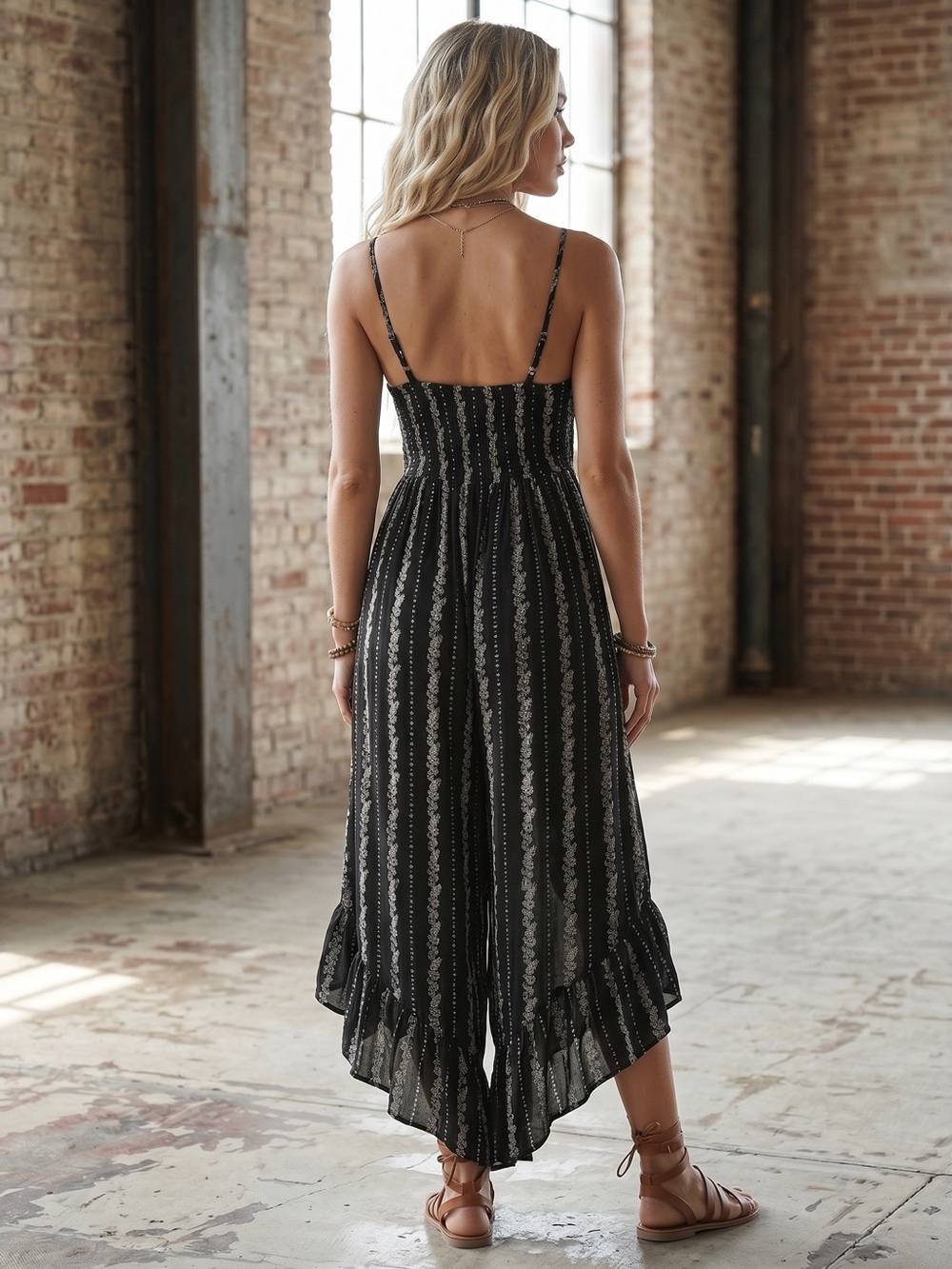 Angie Boho Floral Print Ruffle Asymmetrical Gypsy Festival Jumper Jumpsuit Black - Picture 6 of 6